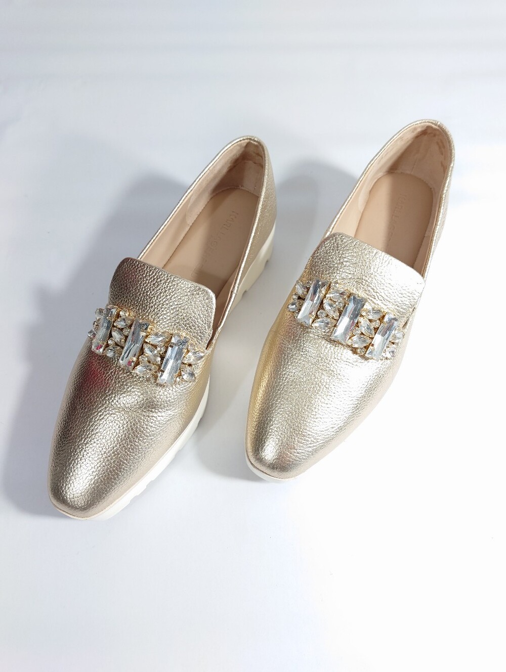 Karl Lagerfeld Paris Gold Leather Crystal Loafers Size 8
